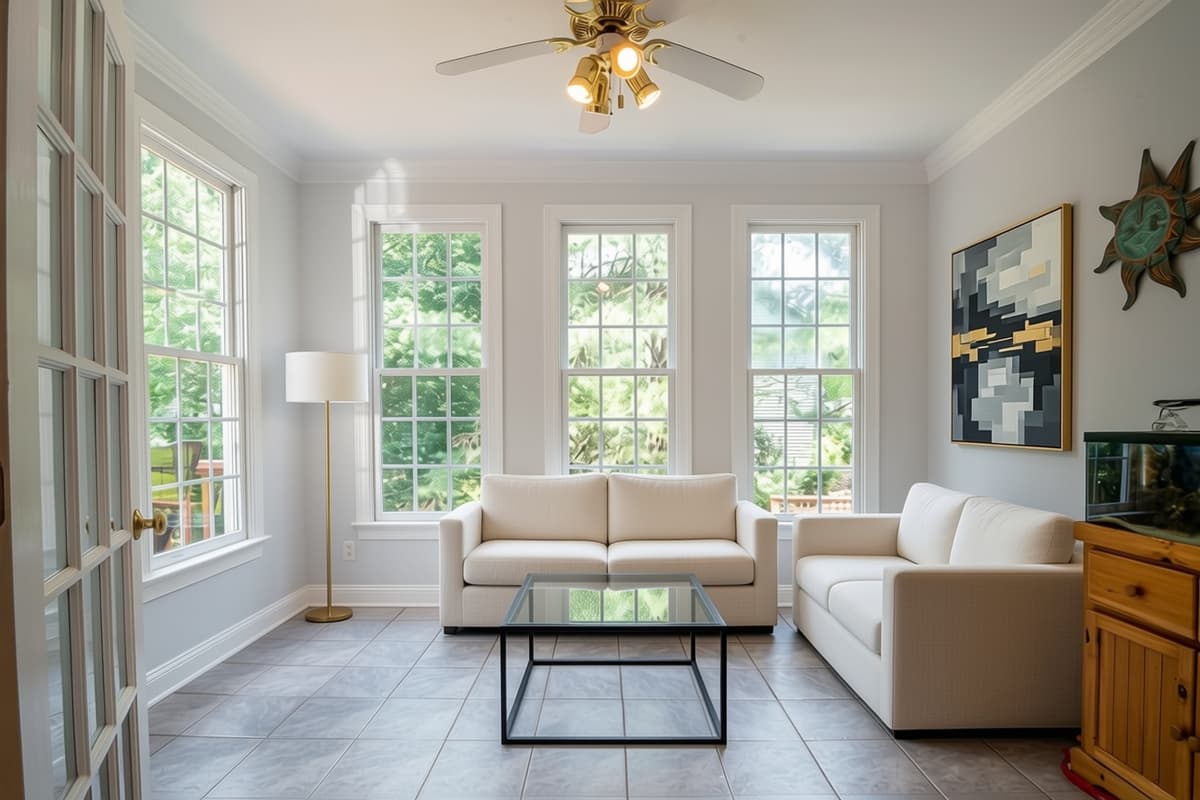 Empty room staged with a full furniture set