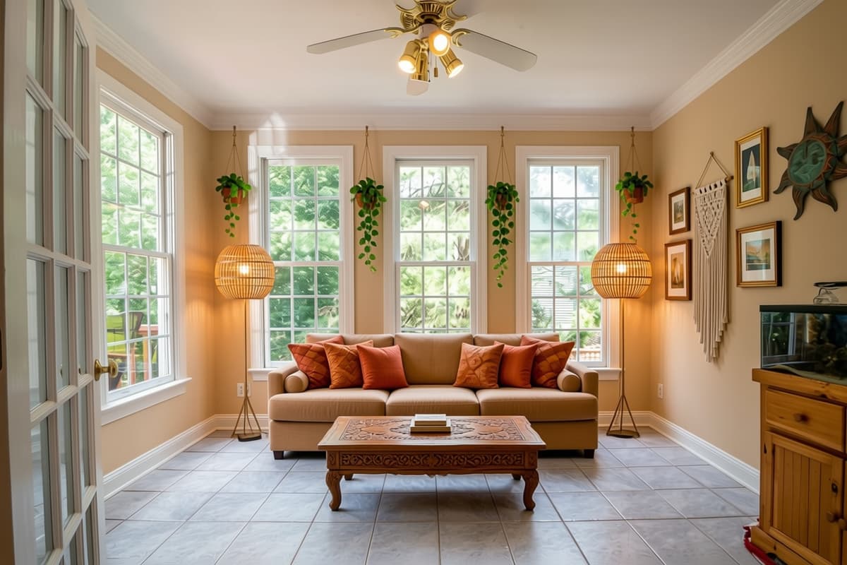 The same sunroom staged in Bohemian style