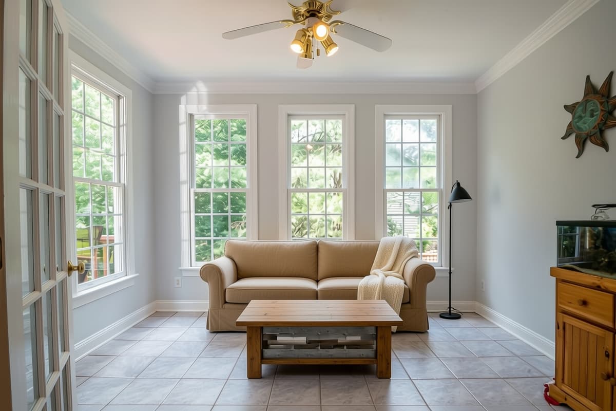 The same sunroom staged in Modern Farmhouse style