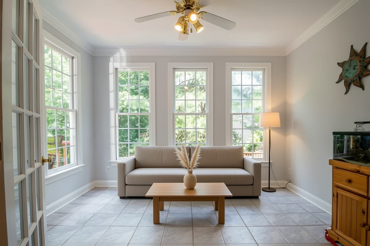 The same sunroom staged in Japandi style