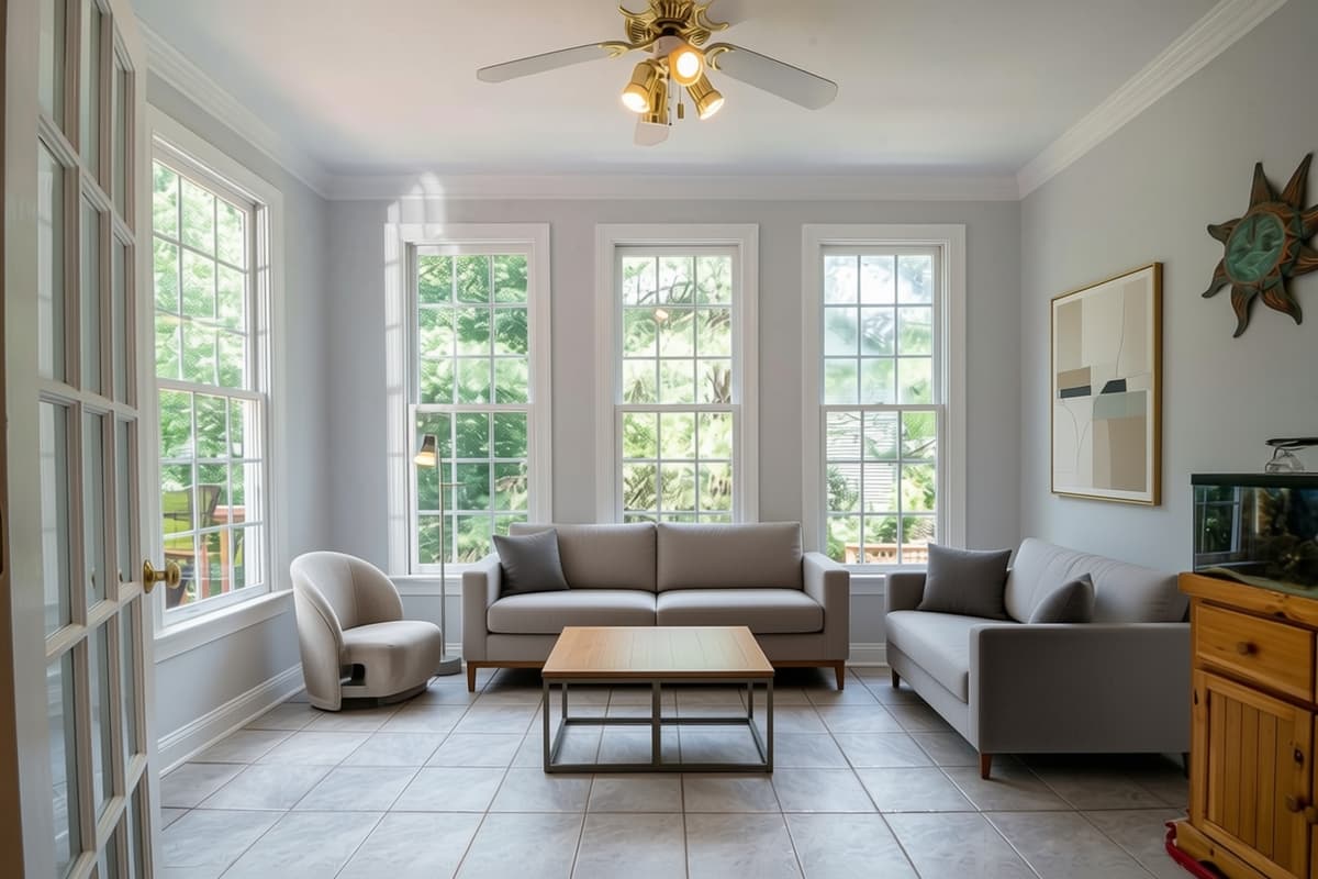 The same sunroom staged in Transitional (Modern Classic) style